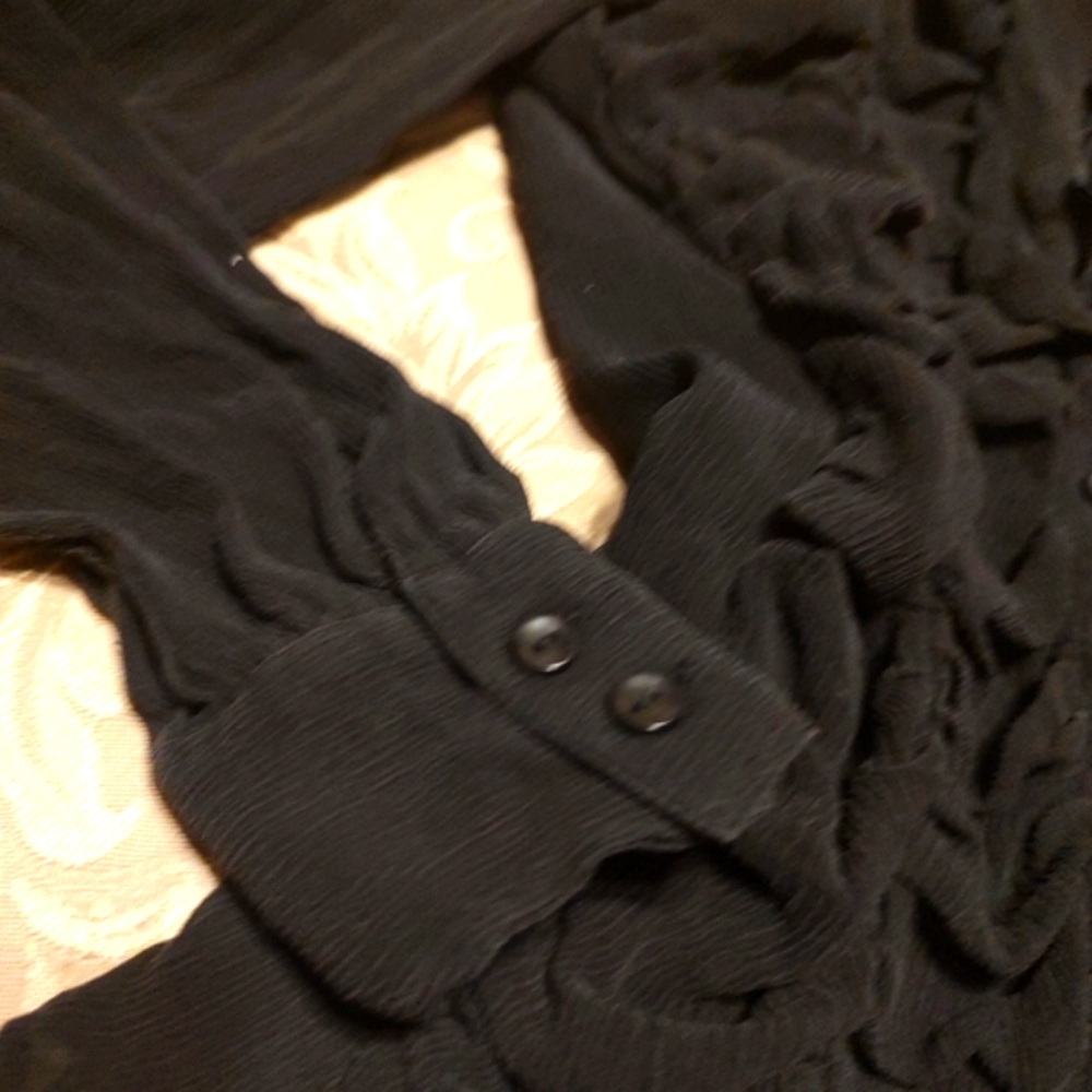🐦⬛🖤🐦⬛ Divine Vintage Genuine Silk Black Sheer Ruffled Bow Blouse Top - 12 - Picture 9 of 16